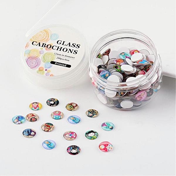 

PandaHall Printed Glass Cabochons, Russian Girl Doll, Half Round/Dome, Mixed Color, 12x4mm, about 180~190pcs/box Glass Half Round Multicolor
