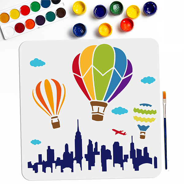 

PandaHall City Hot Air Balloon Stencils 11.8×11.8inch Modern Skyscraper Skyline Stencil with Paint Brush City Buildings Cloud Aircraft...