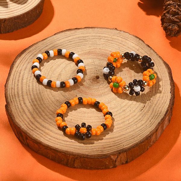 3 Stück 3-teiliges Stretch-Ring-Set Mit Glassamenperlen Und Blumen Für Halloween