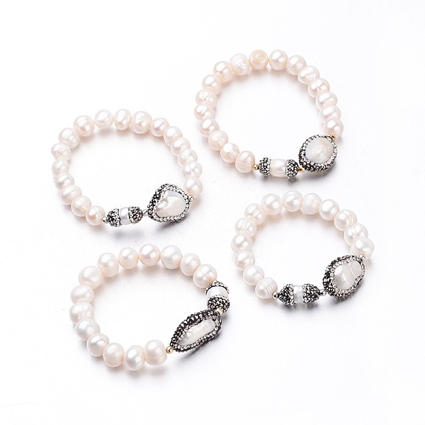 

PandaHall Round Pearl Stretch Bracelets, with Rhinestone and Brass Findings, Mixed Color, 45~54mm, Pearl Bead: 9~11mm thick Pearl Multicolor