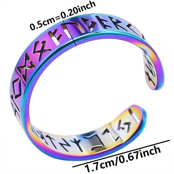

PandaHall 304 Stainless Steel Open Cuff Ring, Elder Futhark Alphabet Lettering Ring, Rainbow Color, Inner Diameter: 17mm 304 Stainless Steel...