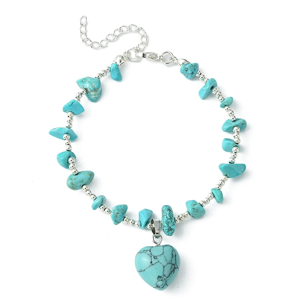 

PandaHall Synthetic Turquoise Heart Charm Bracelet with Chips Beaded Chains, Brass Bracelet, 9 inch(22.8cm) Synthetic Turquoise