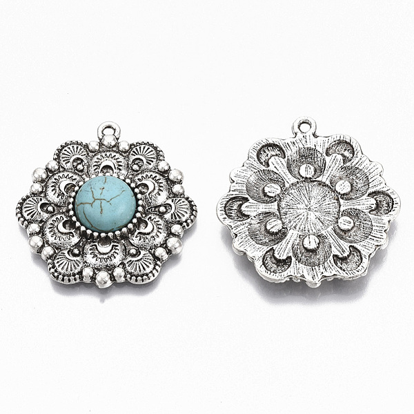 

PandaHall Tibetan Style Alloy Pendants, with Synthetic Turquoise, Cadmium Free & Lead Free, Hexagon Flower, Antique Silver, 34.5x32.5x7mm...