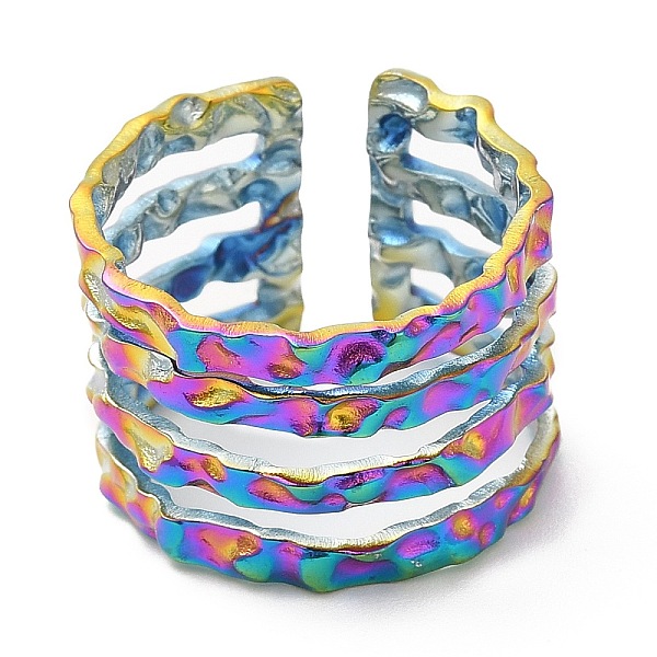 

PandaHall Ion Plating(IP) 304 Stainless Steel Multi Line Open Cuff Ring for Women, Rainbow Color, Inner Diameter: 17mm 304 Stainless Steel