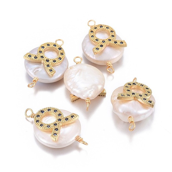 

PandaHall Natural Pearl Links connectors, with Brass Micro Pave Cubic Zirconia Findings, Flat Round with Constellation, Golden, Marine Blue...