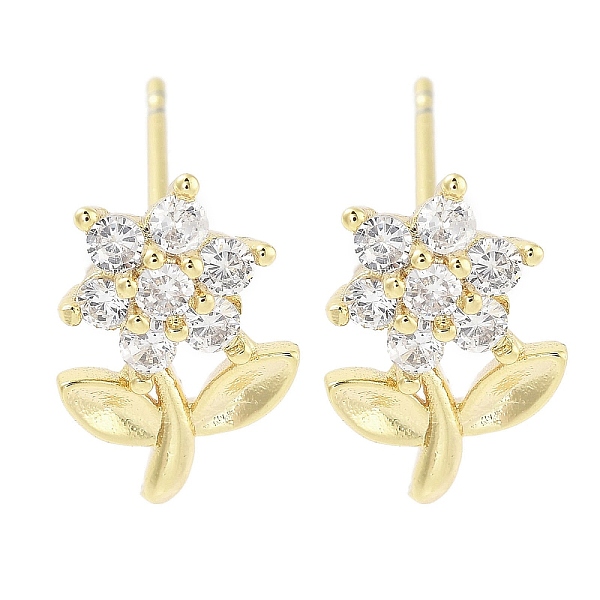 

PandaHall Brass Micro Pave Clear Cubic Zirconia Stud Earrings for Women, Flower, Real 18K Gold Plated, 12x8mm Cubic Zirconia Flower Clear