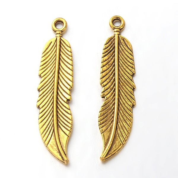

PandaHall Tibetan Style Alloy Pendants, Feather, Lead Free and Cadmium Free, Antique Golden, 45.5x11x2.5mm, Hole: 2mm Alloy Feather