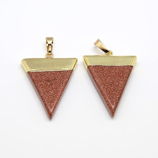 

PandaHall Synthetic Goldstone Pendants, with Golden Tone Brass Findings, Triangle, 30~35x23~28x5mm, Hole: 8x5mm Goldstone Triangle