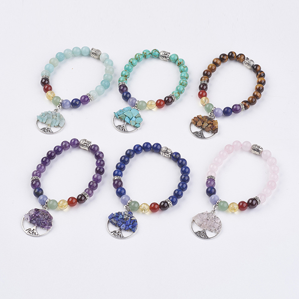 

PandaHall Chakra Jewelry Natural & Synthetic Mixed Stone Beads Charm Bracelet, with Tibetan Style Beads, Flat Round with Tree of Life, 2...