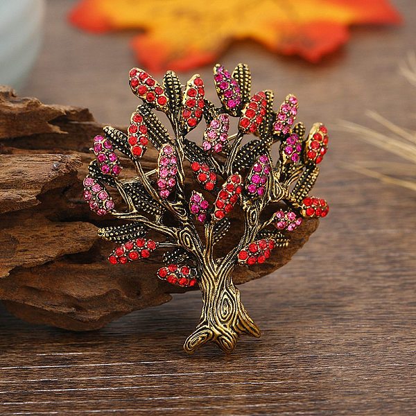 PandaHall Rhinestone Pin, Alloy Brooch for Backpack Clothes, Tree of Life, Antique Golden, 55x48mm Alloy+Rhinestone