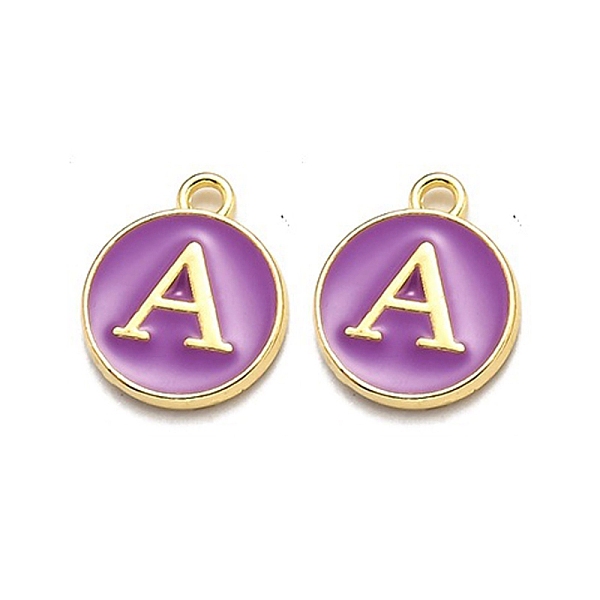 

PandaHall Golden Plated Alloy Enamel Charms, Enamelled Sequins, Flat Round with Alphabet, Letter.A, Purple, 14x12x2mm, Hole: 1.5mm...
