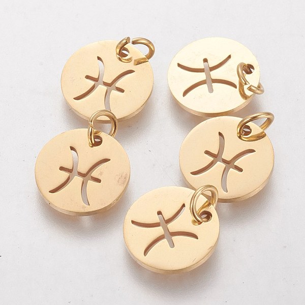 

PandaHall 304 Stainless Steel Pendants, with Jump Ring, Laser Cut, Flat Round with Constellation/Zodiac Sign, Golden, Pisces, 12x1mm, Hole...