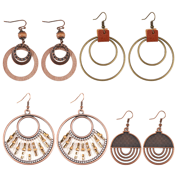 

PandaHall ANATTASOUL 4 Pairs 4 Styles Alloy & Iron & Wood Dangle Earrings with Iron Pins, Ring & Flat Round, Mixed Color, 49~75x30~53.5mm, 1...
