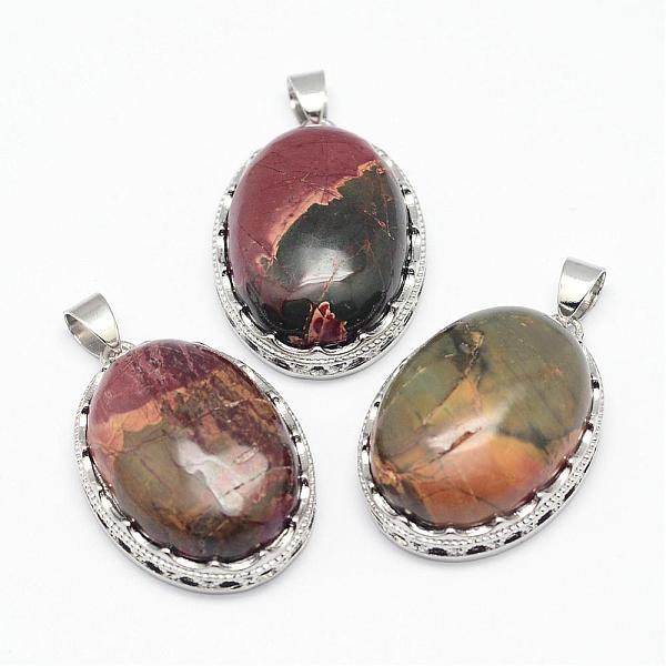 

PandaHall Natural Polychrome Jasper/Picasso Stone/Picasso Jasper Pendants, with Brass Findings, Oval, Platinum, 30x21x10~11mm, Hole: 6x4mm...