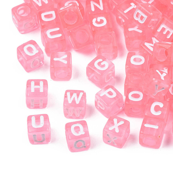 

PandaHall Transparent Acrylic Beads, Cube with White Random Mixed Letters, Pink, 6x6x6mm, Hole: 3.5mm Acrylic Cube Pink