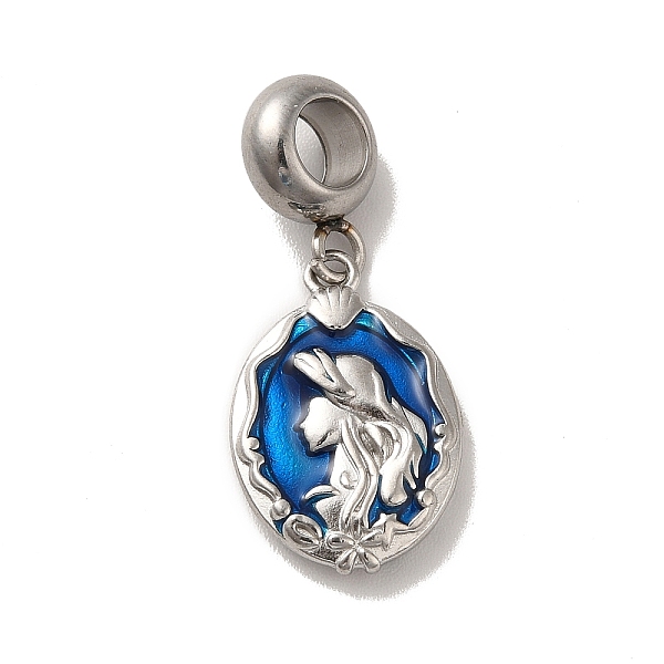 PandaHall 304 Stainless Steel Dodger Blue Enamel European Dangle Charms, Large Hole Pendants, Oval with Fishtail & Mermaid Pattern...