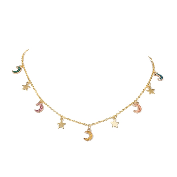 

PandaHall Moon & Star Alloy Enamel Charms Bib Necklaces, with Brass Chains, Golden, 17.76 inch(45.1cm) Alloy Moon