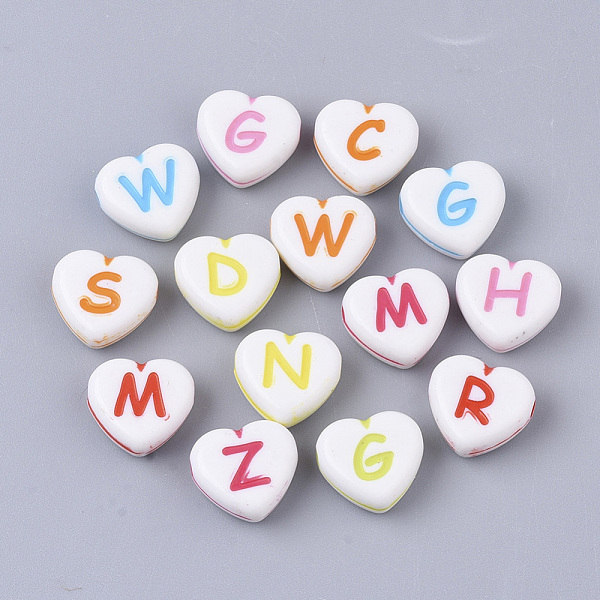 

PandaHall Craft Style Acrylic Beads, Horizontal Hole, Heart with Random Initial Letter, Mixed Color, 10x11x5mm, Hole: 1.8mm, about..., Multicolor