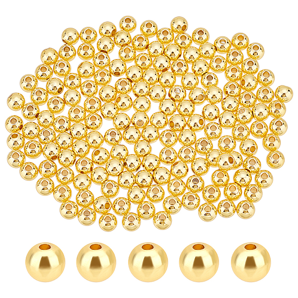 PandaHall PH 200pcs 5mm 18K Gold Plated Brass Beads Long-Lasting Round Smooth Spacer Beads Seamless Loose Ball Beads for Summer Hawaii...