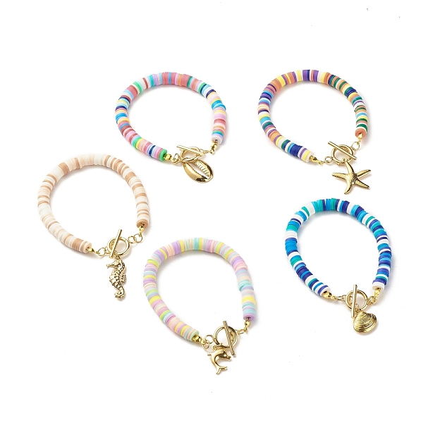 

PandaHall Marine Organism Theme Charm Bracelet, Polymer Clay Heishi Beads Bracelet, Surfering Bracelet for Beach Vacation, Golden, Mixed..., Multicolor