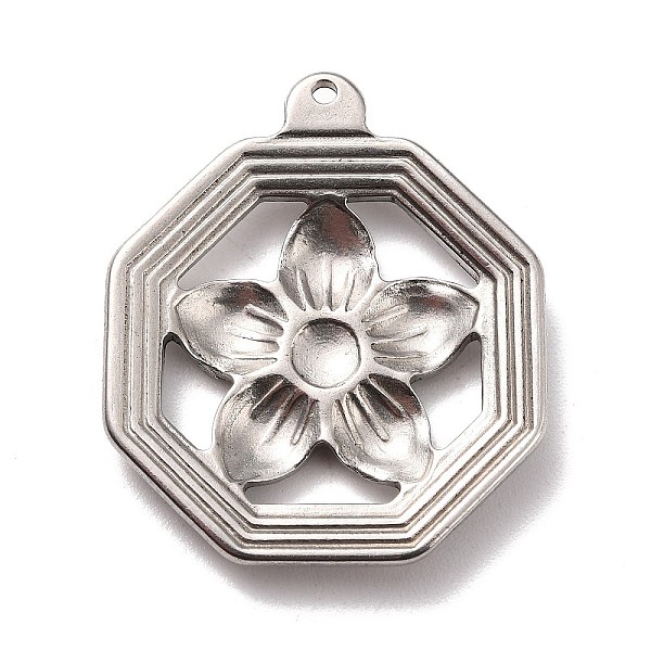 

PandaHall 304 Stainless Steel Pendants, Polygon with Flower, Stainless Steel Color, 29x25x3.5mm, Hole: 1.2mm 304 Stainless Steel Polygon