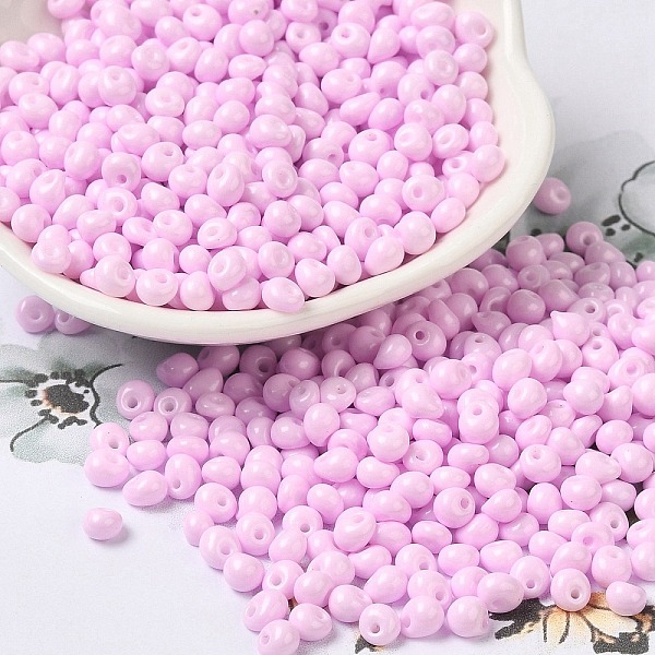 

PandaHall 6/0 Opaque Baking Paint Glass Seed Beads, Teardrop, Pearl Pink, 4.5~5x4x3~3.5mm, Hole: 0.9mm, about 5625Pcs/Pound Glass Teardrop