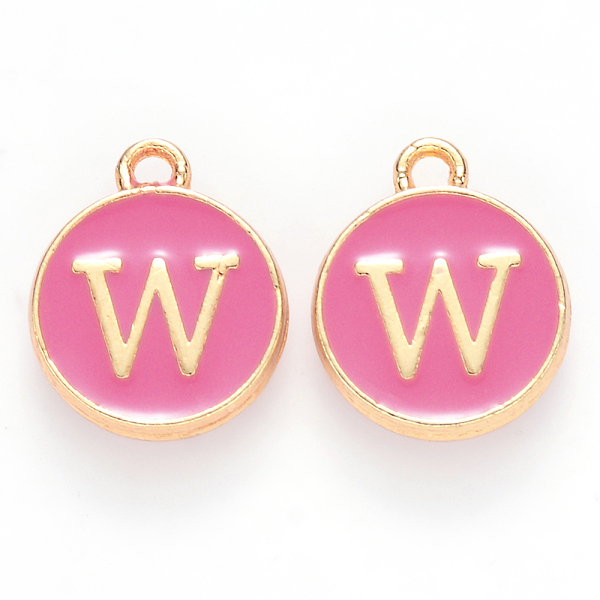 

PandaHall Golden Plated Alloy Enamel Charms, Cadmium Free & Lead Free, Enamelled Sequins, Flat Round with Letter, Camellia, Letter.W..., Pink