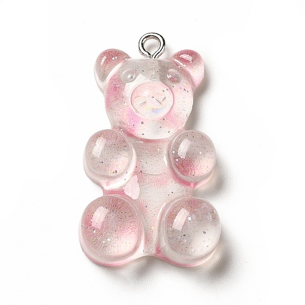 

PandaHall Translucent Resin Pendants, Glitter Bear Charms, with Platinum Tone Iron Loops, Pink, 32x19x8.5mm, Hole: 2mm Iron+Resin Bear Pink