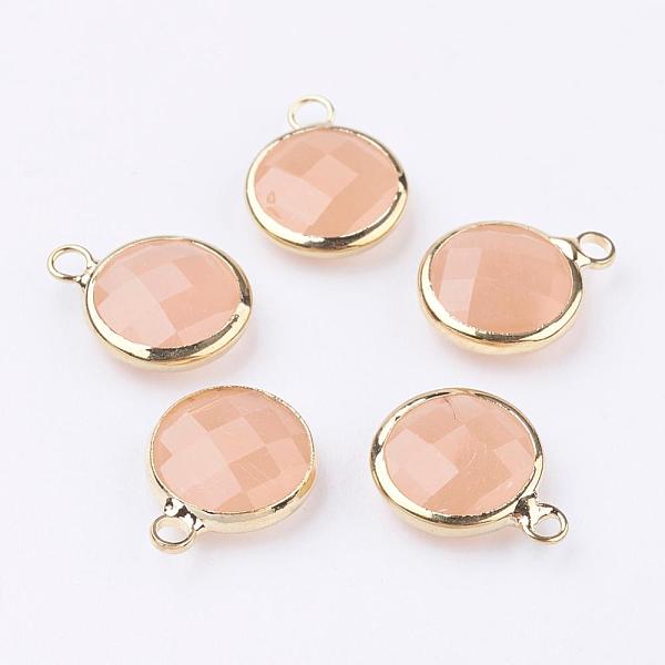 

PandaHall Golden Tone Brass Glass Flat Round Charms, Faceted, Dark Orange, 14x10.5x5mm, Hole: 1.5mm Brass+Glass Flat Round Orange