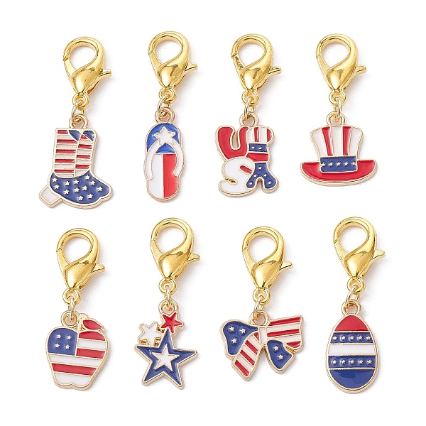 

PandaHall Independence Day Alloy Enamel Pendant Decorations, with Zinc Alloy Lobster Claw Clasps, Mixed Shapes, Colorful, 30~36mm, 8pcs/set...