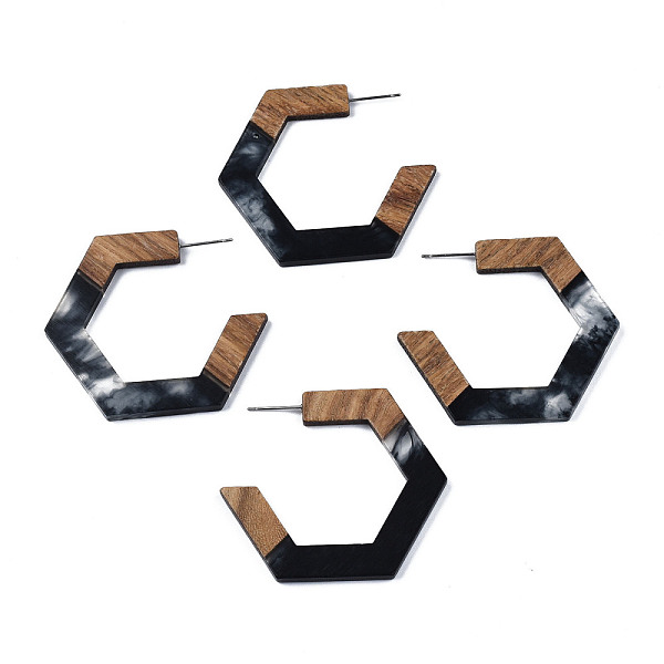 

PandaHall Hexagon Half Hoop Earrings for Women, Two Tone Resin & Walnut Wood Open Hoop Earrings, Stud Earrings with 304 Stainless Steel Pin..., Black