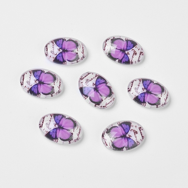 PandaHall Tempered Glass Cabochons, Oval, Purple Butterfly Pattern Printed, Good for Antique Ring Jewel Making, Purple, 18x13x6mm Glass Oval...