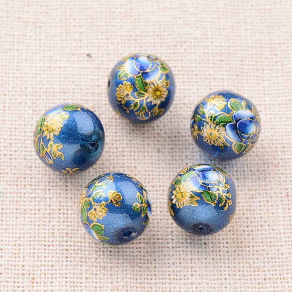 

PandaHall Flower Picture Printed Glass Round Beads, Royal Blue, 12mm, Hole: 1mm Glass Round Blue