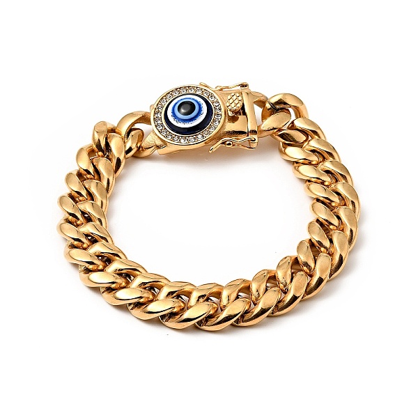 

PandaHall Ion Plating(IP) 304 Stainless Steel Curb Chains Bracelet with Crystal Rhinestone, Resin Evil Eye Clasp Lucky Bracelet for Men...