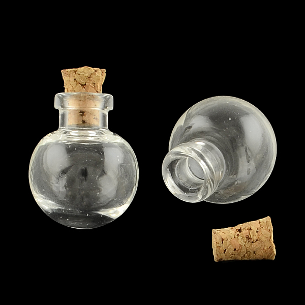 PandaHall Round Glass Bottle for Bead Containers, with Cork Stopper, Wishing Bottle, Clear, 24.5x20mm, Hole: 5.5mm, Bottleneck: 9.5mm in...