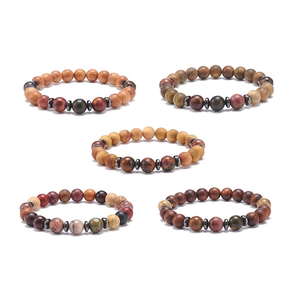 

PandaHall Natural Polychrome Jasper/Picasso Stone/Picasso Jasper & Wood Beaded Stretch Bracelet, Yoga Jewelry for Women, Mixed Color, Inner..., Multicolor