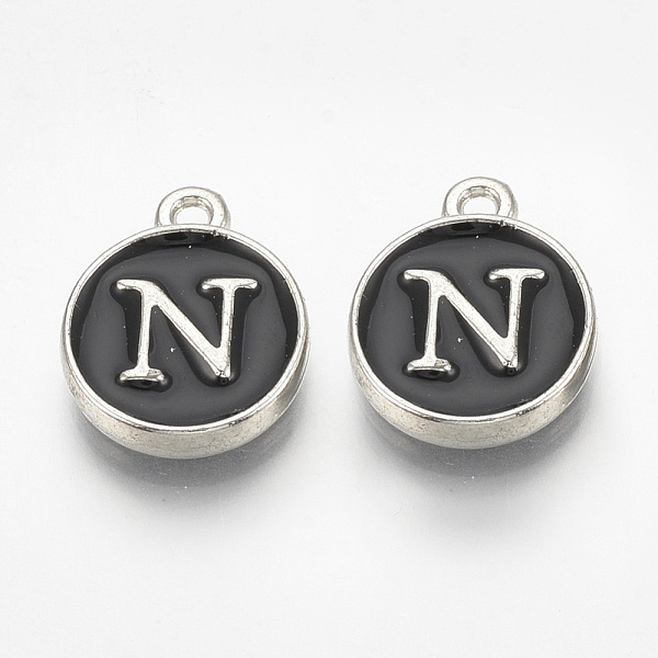 

PandaHall Alloy Enamel Charms, Flat Round with Letter, Platinum, Black, Letter.N, 14x11.5x2.5mm, Hole: 1mm Brass+Enamel Letter N Black