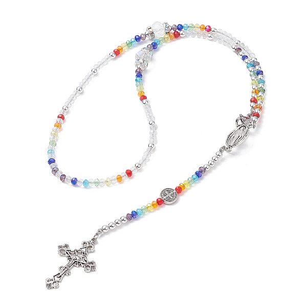 

PandaHall Glass Beaded Rosary Bead Necklaces, Alloy Saint Benedict & Cross Religion Necklace, Colorful, 27.95 inch(71cm) Alloy