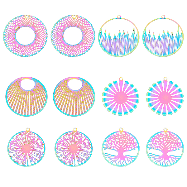 

PandaHall UNICRAFTALE 24Pcs 6 Style Rainbow Color Flat Round Filigree Charms Pendants Hollow Tree of Life Dangle Earring Charms 1.4mm Hole...