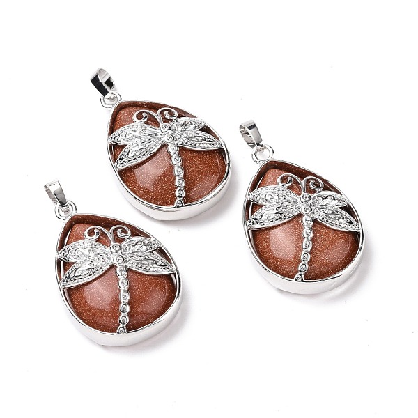 

PandaHall Synthetic Goldstone Pendants, with Platinum Tone Brass Findings, Lead Free & Cadmium Free, Teardrop with Dragonfly Charms...