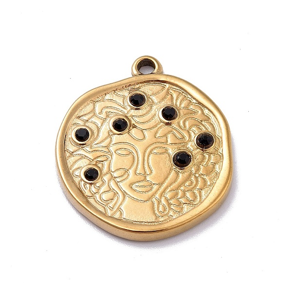 

PandaHall Ion Plating(IP) 304 Stainless Steel Pendants, with Jet Rhinestone, Flat Round with Women Charms, Golden, 23x19.8x2.7mm, Hole..., Black