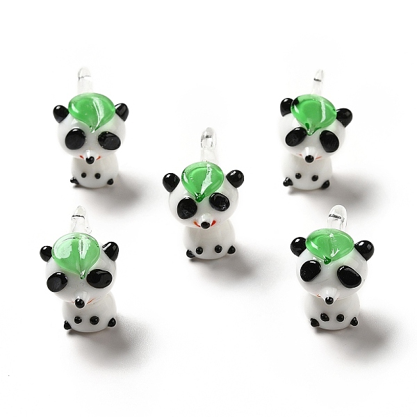 

PandaHall Handmade Lampwork Pendants, Panda Charms with Leaf, Lime Green, 24~25x15~16x18~21mm, Hole: 2~2.5mm Lampwork Panda