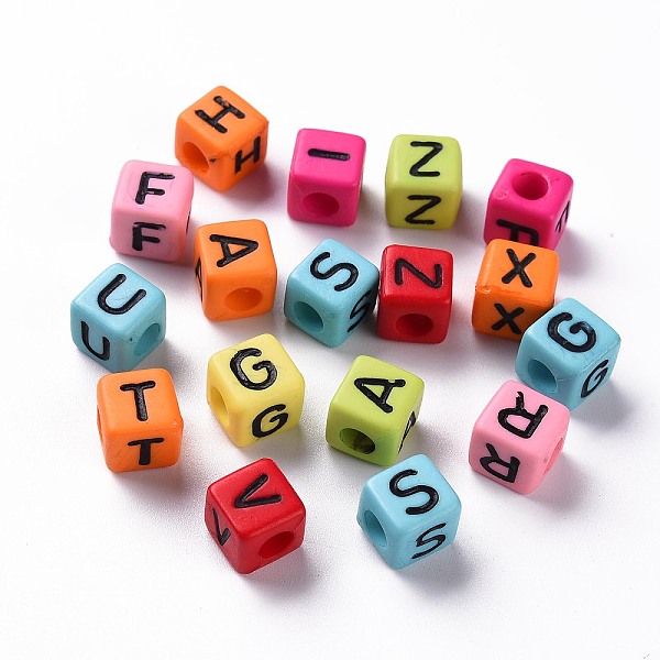

PandaHall Opaque Mixed Color Acrylic Beads, Horizontal Hole, Cube with Black Random Letter, Mixed Color, 8x8x8mm, Hole: 4mm, about..., Multicolor