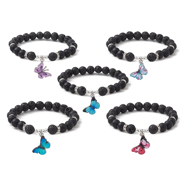 

PandaHall Natural Lava Rock & Black Agate Round Beaded Stretch Bracelet, with Butterfly Alloy Enamel Charms, Mixed Color, Inner Diameter..., Multicolor