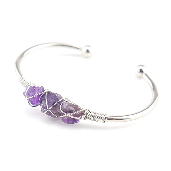 

PandaHall Natural Amethyst Chips Beaded Cuff Bangles, Metal Wire Wrap Bangle, Inner Diameter: 2-1/2 inch(6.5cm) Amethyst