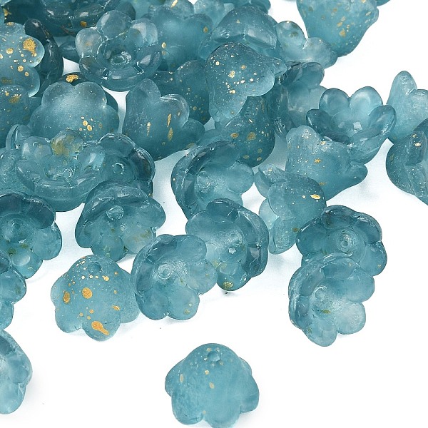 Frosted Glass Bead Cap, 6-Petal Flower, with Gold Powder, Dark Cyan, 11x12x8mm, Hole: 1.4mm, about 1333pcs/1000g