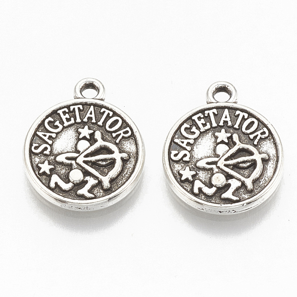 

PandaHall Tibetan Style Alloy Charms, Flat Round with Constellation, Cadmium Free & Lead Free,, Sagittarius, 14.5x12x2mm, Hole: 1.4mm, about...