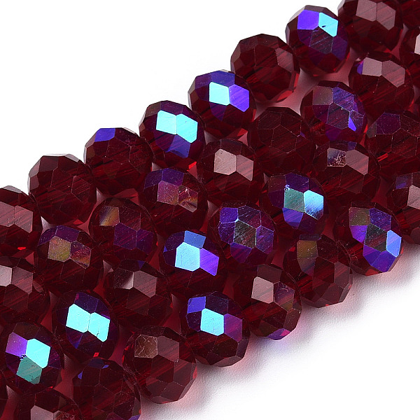 

PandaHall Electroplate Glass Beads Strands, Half Rainbow Plated, Faceted, Rondelle, Dark Red, 4x3mm, Hole: 0.4mm, about 123~127pcs/strand...