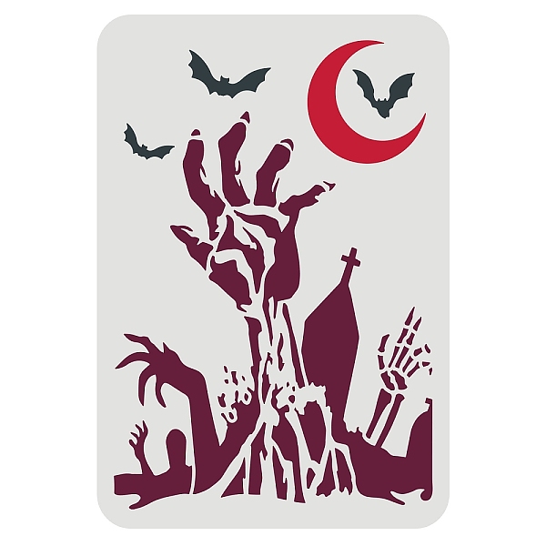 PandaHall FINGERINSPIRE Zombie Hand Stencil 29.7x21cm/11.7x8.3inch Reusable Zombie Hands Pattern Stencil Moon Bat Tomb Zombie Hands...