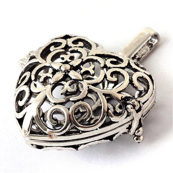 

PandaHall Rack Plating Brass Cage Pendants, For Chime Ball Pendant Necklaces Making, Hollow Heart, Antique Silver, 30x34x18mm, Hole: 3.5x7mm...